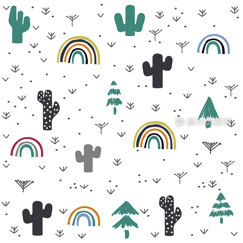 Hand drawn cactus and rainbow pattern